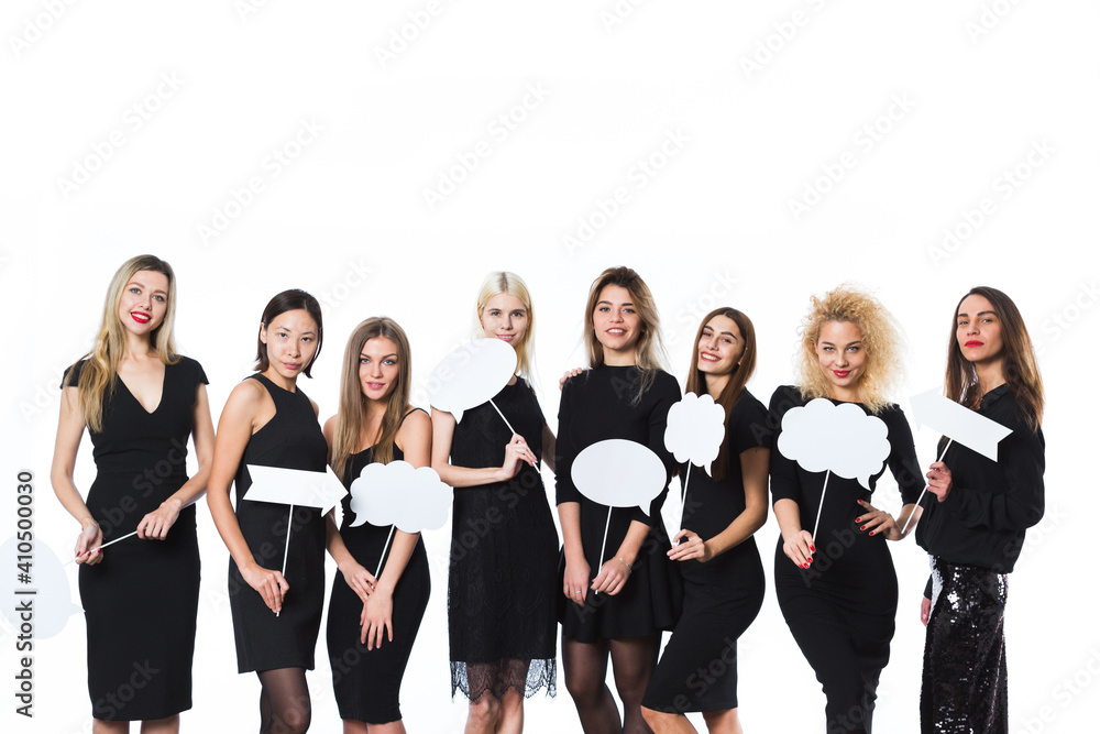 Group of young beautiful women in black dress isolated on white background.