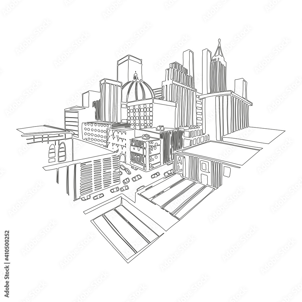 Vector illustration of the city in line art style. Hand drawn icon and symbol for print on t-shirt, poster, sticker, card design. Doodle design element.