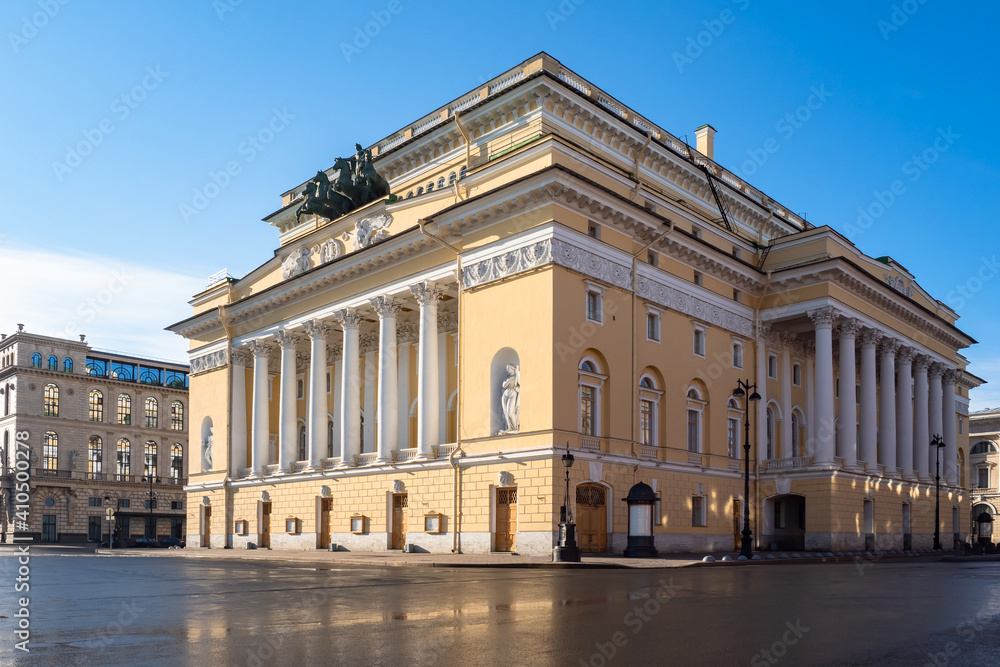 Theater in Saint Petersburg. Russia town. Theater building in center of Saint Petersburg. Sights of Petersburg. Architecture of Russian cities. Exterior of Russian buildings. Russia in sunny weather