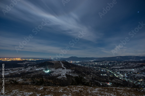 Panorama of a winter village at night in the mountains