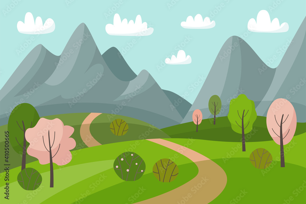 Spring mountain landscape with flowering trees. Cartoon panorama of spring nature, road and meadow.