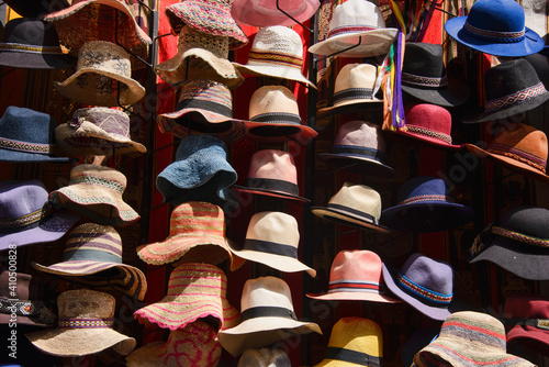 Traditional Peruvian hats at the market in Urubamba, Sacred Valley, Peru