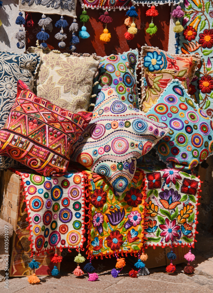 Alpaca scarves, shawls, and clothing, tourist souvenirs, Pisac, Peru 