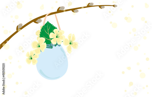 Easter isolate on a white background, colored egg with flowers, pussy willow and soap bubbles. Vector illustration scalable to any size. For scrapbooking, covers, fabrics, postcards, interior decorat