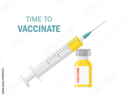 Vaccination concept flat vector illustration isolated on white background. Coronavirus vaccine. Covid-19 injection. Vaccine vial and syringe.