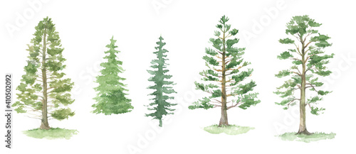 Valokuva Green pine trees watercolor set. Fir trees silhouettes. Forest