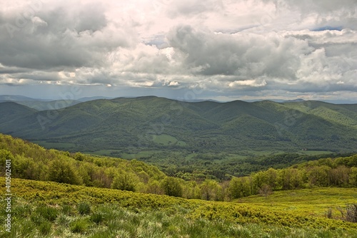 Bieszczady in spring. Panorama of the Bieszczady Mountains in spring. Mountains covered with forests. Lush green grasses. Mountains under a cloudy sky 