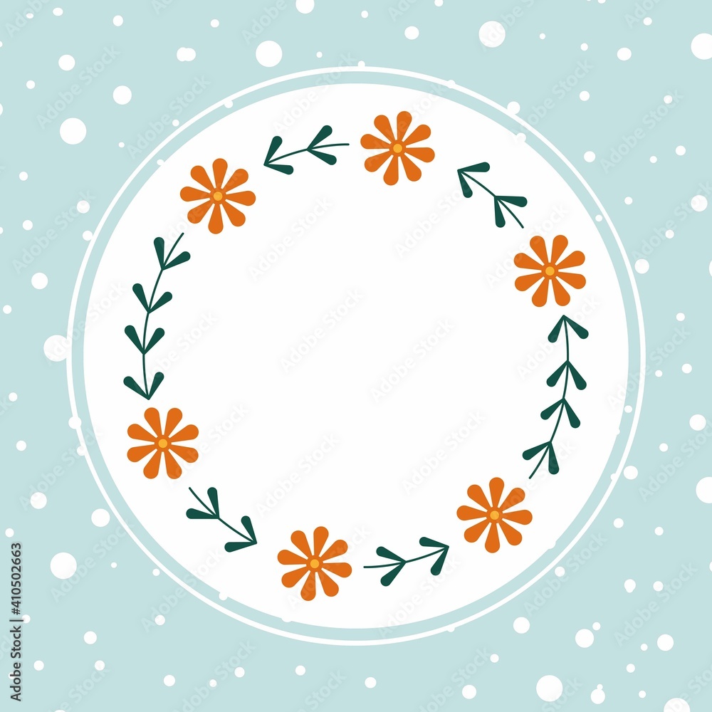 Obraz premium Hand drawn floral oval frame wreath with orange chamomiles on blue background