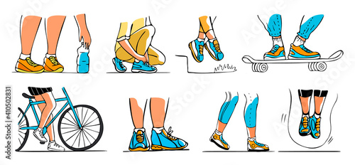 Vector drawn illustration with set, collection of sports and casual shoes on feet in various situations.