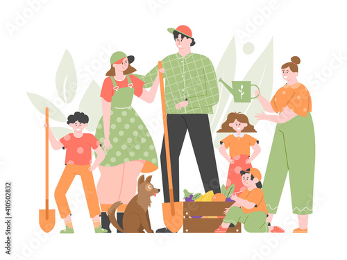 Family of farmers stands together. Mom, dad, two sons, a daughter and a grandmother. Farming, agriculture, growing fruits and vegetables. Seasonal fresh healthy food. Vector flat illustration.