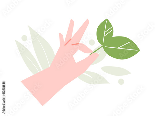 Female hand holds a green leaf. Nature, plants, environmental protection. Vector flat illustration.