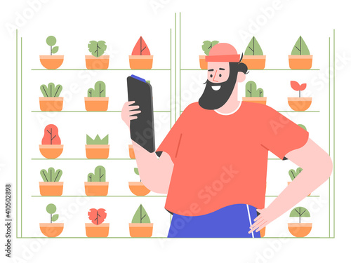 Modern agriculture. Vertical indoor farming. Plant growth, soilless farming techniques. Hydroponics and aeroponics. Male worker with a tablet. Vector flat illustration.