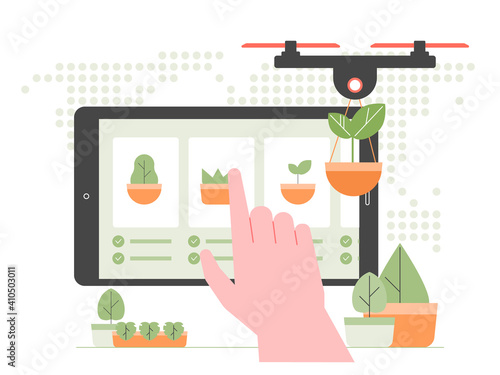 Modern agriculture. Robot drone is engaged in planting seeds, new trees. Forest restoration. Device screen with plant selection. Remote control of planting. Smart farm. Vector flat illustration.