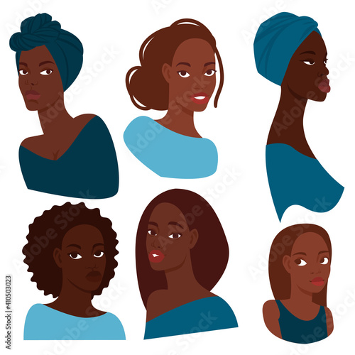 Portraits of 6 attractive dark-skinned women with different hairstyles