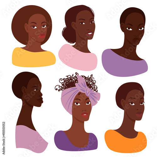 Portraits of 6 attractive dark-skinned women with different hairstyles