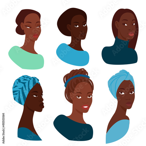 Portraits of 6 attractive dark-skinned women with different hairstyles