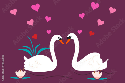 Couple of swans in love swim in the lake and small hearts fly around on purple background. Valentines Day holiday concept. Flat vector illustration