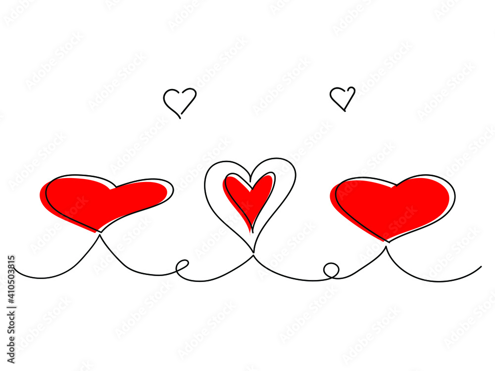 Abstract illustration. Red hearts line. Hand drawing. Valentine's day, love, Birthday, Weeding. Isolated on white. Vector illustration.