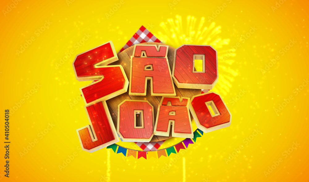 Logo 3d de São João em madeira com fundo amarelo Logo 3d de São João em madeira com fundo amarelo