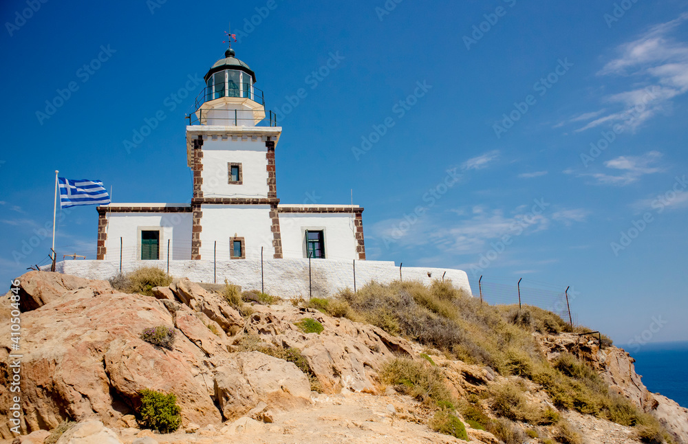 Akrotiri lighthouse on island of Santorini, Greece, in Europe (2019).