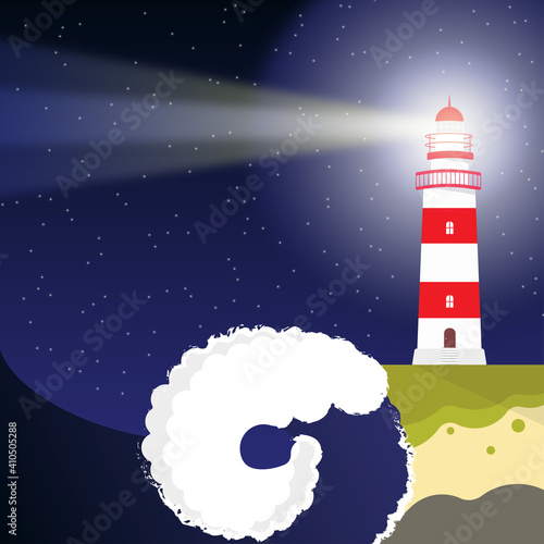 a red white lighthouse on the ocean coast indicates the way with a light indicator of the direction of movement of ships raging waves beat against the rocky coast on which the lighthouse 