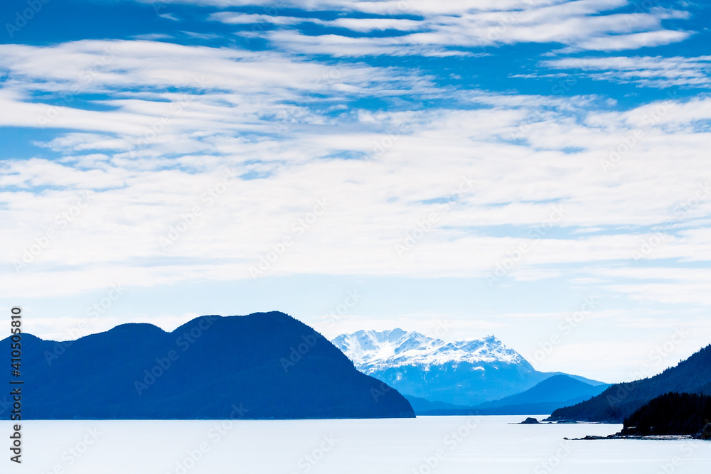 Snow-capped mountains along the coast of southern Alaska