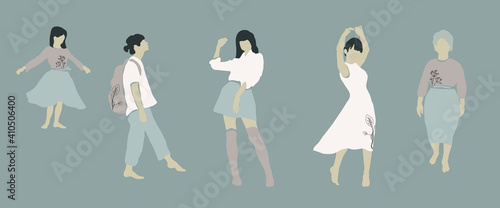 Silhouettes of Asian women of different ages with botanical elements. Asian child, young girl, young, elderly woman. Trendy minimalistic feminist vector illustration. Beautiful ladies, pastel palette