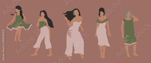 Beautiful Hispanic women of different ages with botanical elements. Latina child, young girl, young elderly woman. Trendy minimalistic feminist vector illustration. Beautiful ladies, pastel palette
