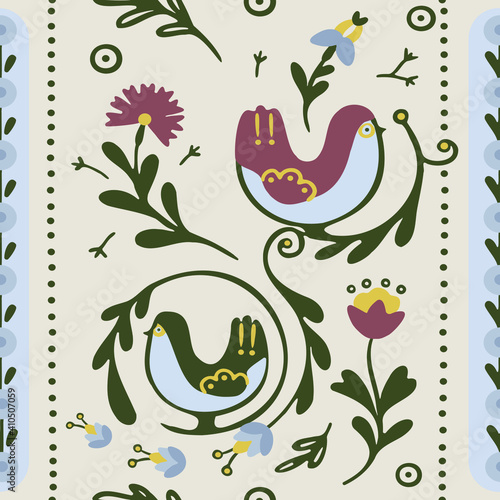 Colorful Scandinavian seamless pattern with birds. Floral, abstract illustration. Ideal for brand identity, greeting card, wrapping paper, wallpaper, presentation. Botanic animalistic print for fabric