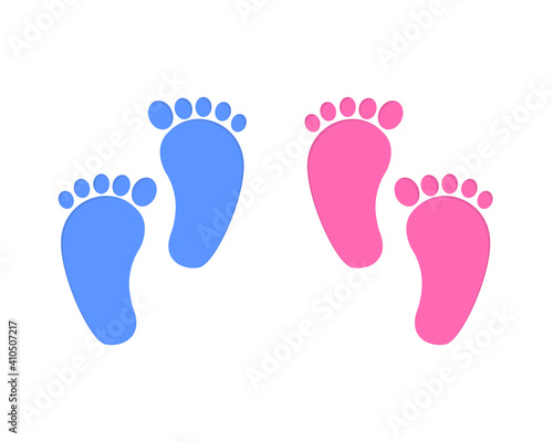 Baby foot print isolated on white background. Little boy and girl feet. Design elements for greeting card and invitations, nursery decor, photoshoot. Vector flat illustration.