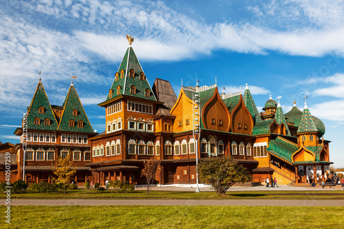 Wooden palace of Tsar Alexei Mikhailovich in Kolomenskoye on a sunny summer day, Moscow, Russia