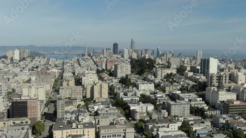 San Francisco Downtown and Bay Bridge from Pacific Heights Aerial Shot Tracking Right California USA