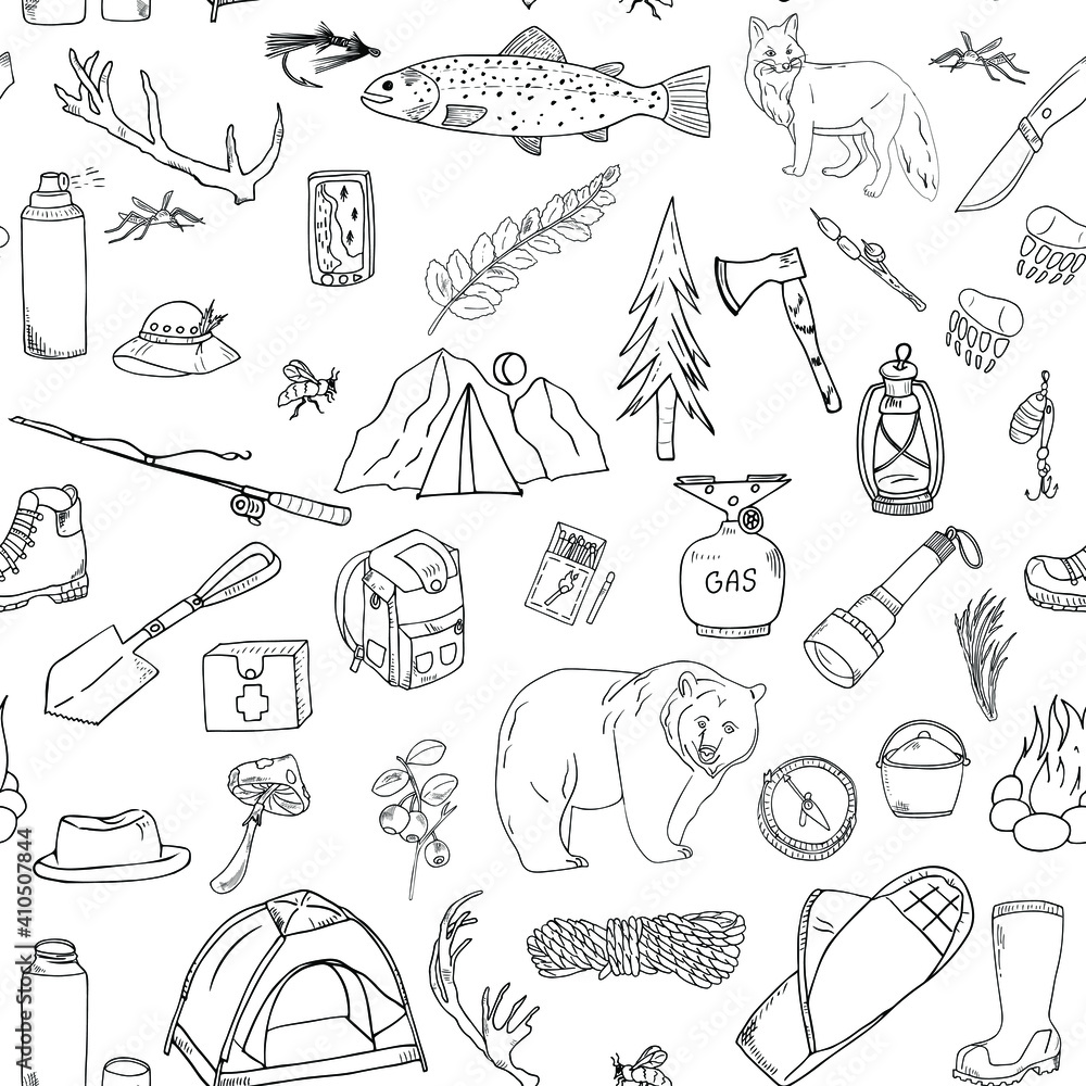 Obraz premium hiking in the forest, tourism seamless pattern. Summer camping, fishing. Hand drawing outline.