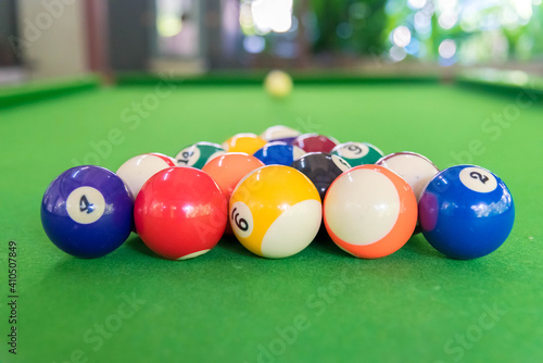 Close-up shot of man is playing pool or Billiard or Snooker Table.