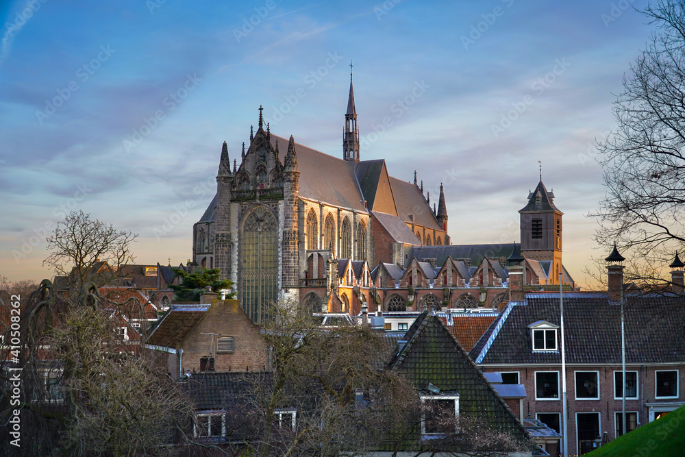 Fototapeta premium Sunset view of the church in Leiden city.