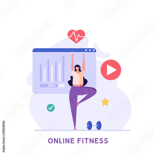 Woman doing yoga at home in mobile app. Concept of online fitness, online gym, workout at home, video exercise, smart sports equipment. Vector illustration in flat design for ui, web banner