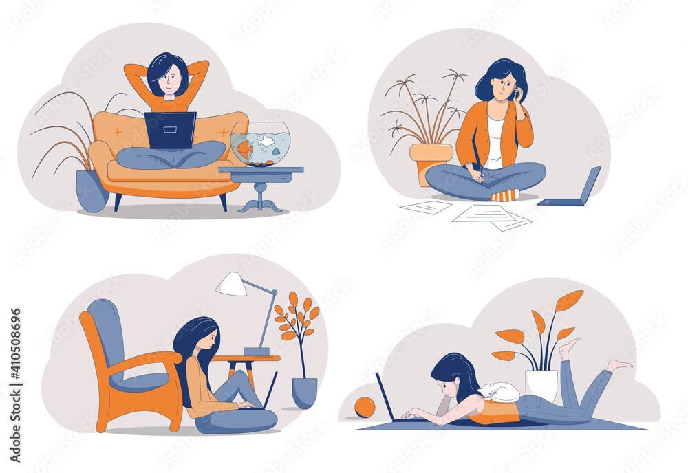 Set of people working and relaxing at home sitting and lying with a laptop. Freelancer lifestyle. Set of people working and relaxing at home sitting and lying with a laptop. Freelancer lifestyle.