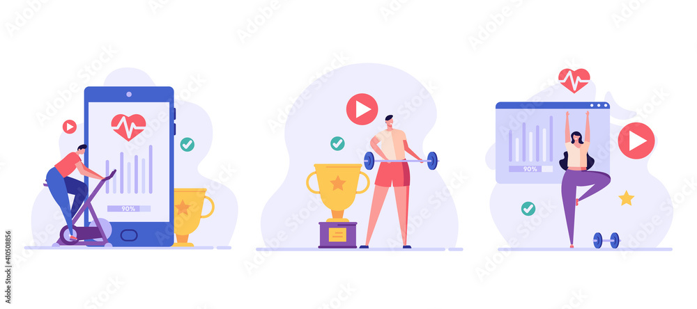 Man on a stationary bike, athlete with a barbell, woman doing yoga. Concept of online fitness, online gym, workout at home, video exercise, smart sports equipment. Vector illustration in flat design Man on a stationary bike, athlete with a barbell, woman doing yoga. Concept of online fitness, online gym, workout at home, video exercise, smart sports equipment. Vector illustration in flat design
