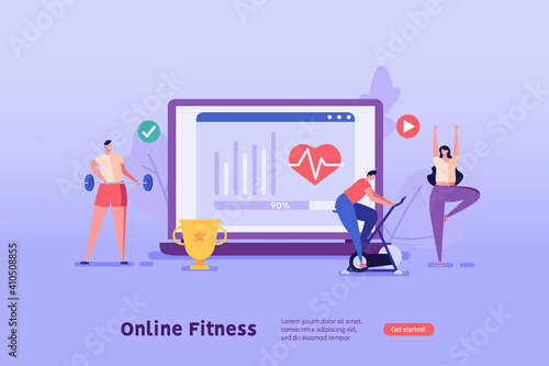 Man on a stationary bike, athlete with a barbell, woman doing yoga. Concept of online fitness, online gym, workout at home, video exercise, smart sports equipment. Vector illustration in flat design