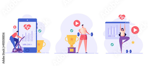 Man on a stationary bike, athlete with a barbell, woman doing yoga. Concept of online fitness, online gym, workout at home, video exercise, smart sports equipment. Vector illustration in flat design