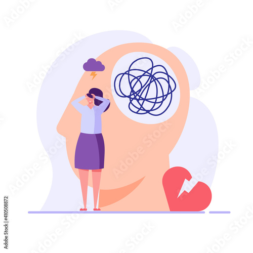 Sad woman in depression. Concept of Mental health problem and issues, psychology therapy, brain care. Vector illustration in flat cartoon design