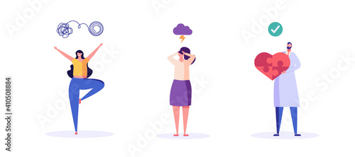 Doctor helping patient with mental health treatment, sad woman in depression, woman enjoys ife. Concept of  mental health, psychology therapy, brain care. Vector illustration in flat cartoon design
