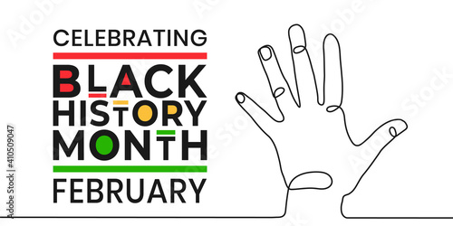 Celebrating Black History Month February banner. Vector illustration of continuous line drawing of human palm open gesture. Design template for national holiday poster or card