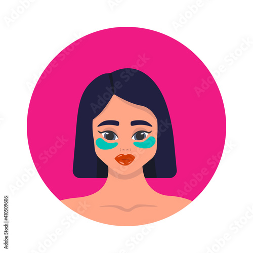 Cosmetic collagen eye patches. Green eye patches for beauty and skin care. Beauty female face with hydrogel eye patches. Vector pink illustration.
