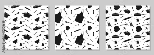 Set of seamless pattern with elements of kitchen utensils. For packaging, paper, design. Vector illustration isolated on white background.