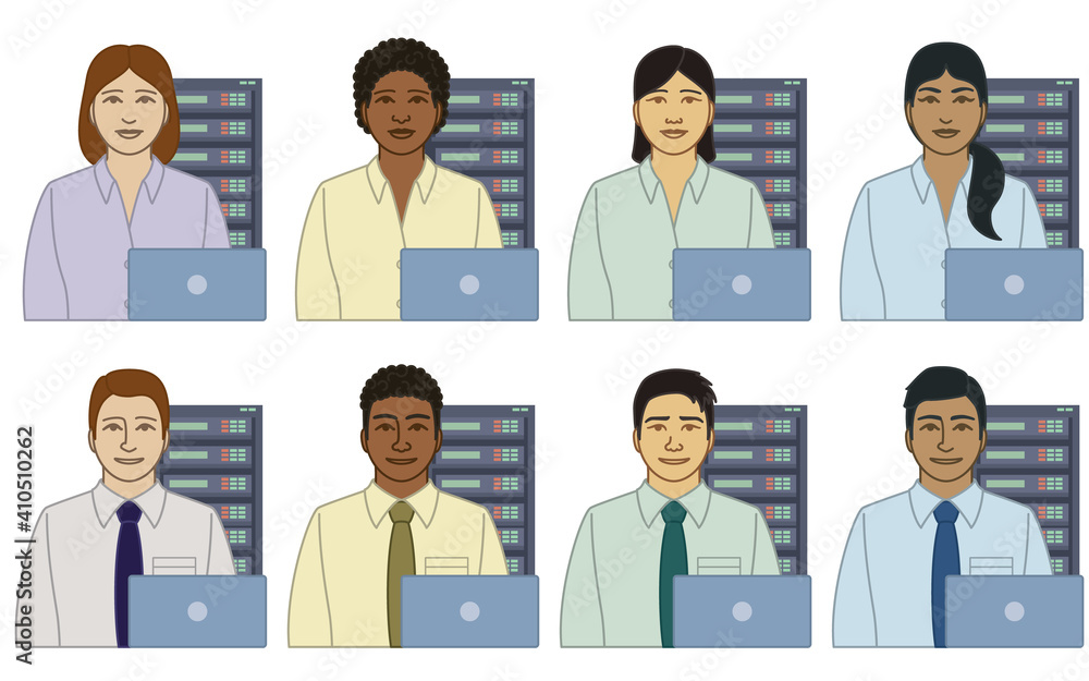 diversity, race, ethnicity of IT services computer manager vector icons, male and female, with servers and laptop, isolated on a white background diversity, race, ethnicity of IT services computer manager vector icons, male and female, with servers and laptop, isolated on a white background