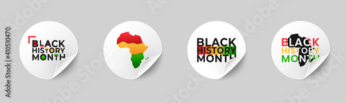 Collection of Black History Month stickers with rolled up corners. Set of realistic round labels with curled edge, design element for national holiday celebration.