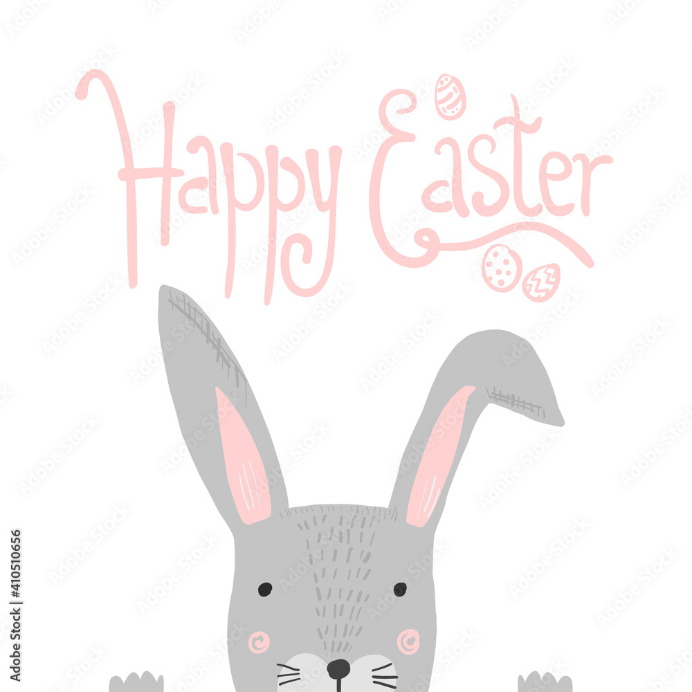 Obraz premium Bright pink Happy Easter poster with white doodle handwritten text and funny gray rabbit. Cute cartoon Easters illustration for greeting card, spring holiday invitation design