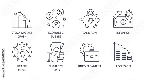 Vector economic crisis icons. Editable stroke set line signs. Causes and consequences of financial crises. stock market crash economic bubble bank run inflation currency health unemployment recession