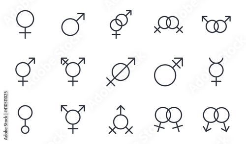 Vector gender identity icons. Editable stroke. Set signs female male mercury androgyne gay lesbian heterosexuality, transgender intersex hermaphrodite assexuality sexless genderless engaged betrothed photo